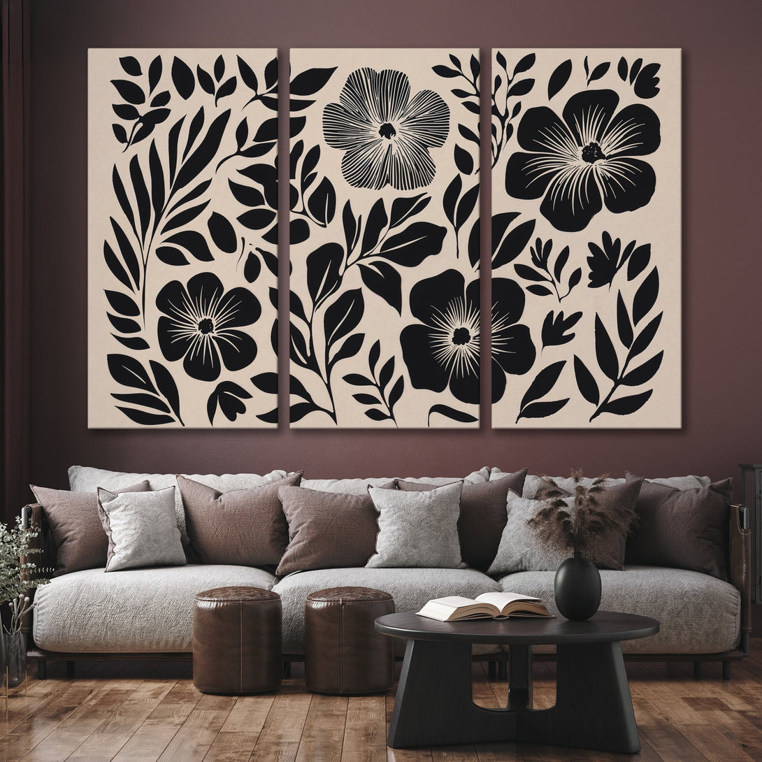 Black and beige floral Canvas Print triptych, modern botanical art, perfect for living room decor.