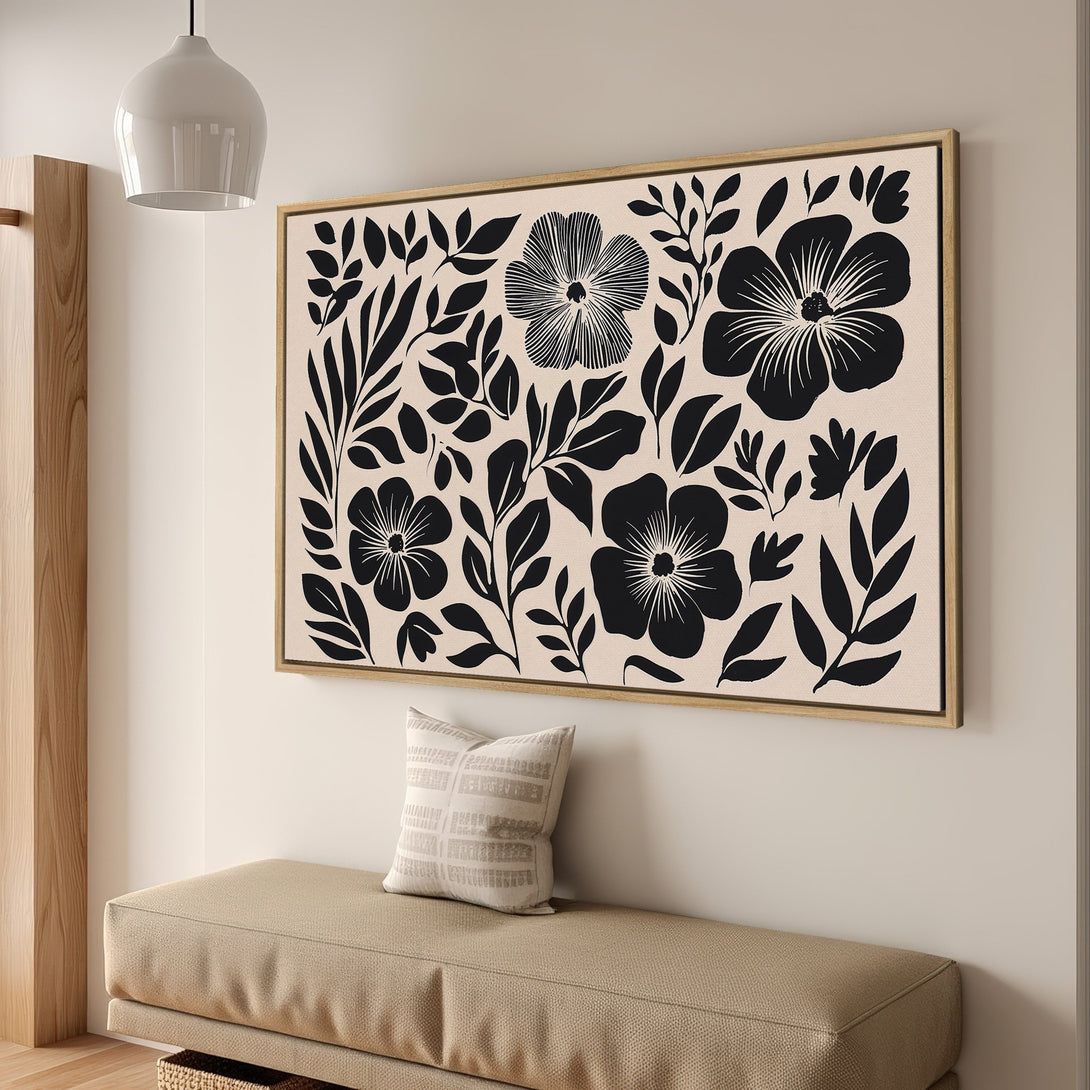 Framed Wall Art: Black floral Canvas Print in a modern interior. Features a neutral color palette with black and beige tones.