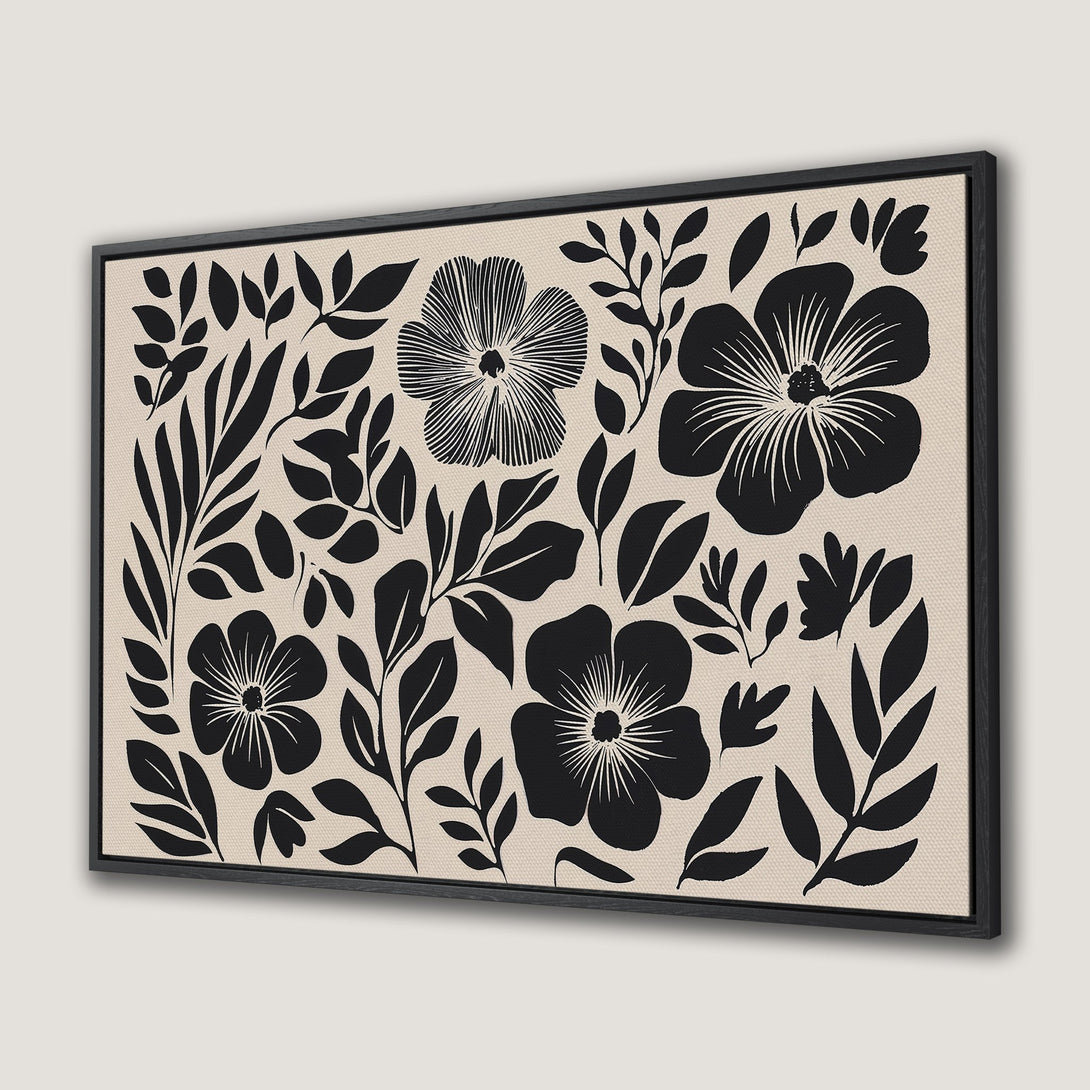 Framed Wall Art: Black and beige floral design canvas print. Modern botanical art with minimalist style, perfect for any room decor.