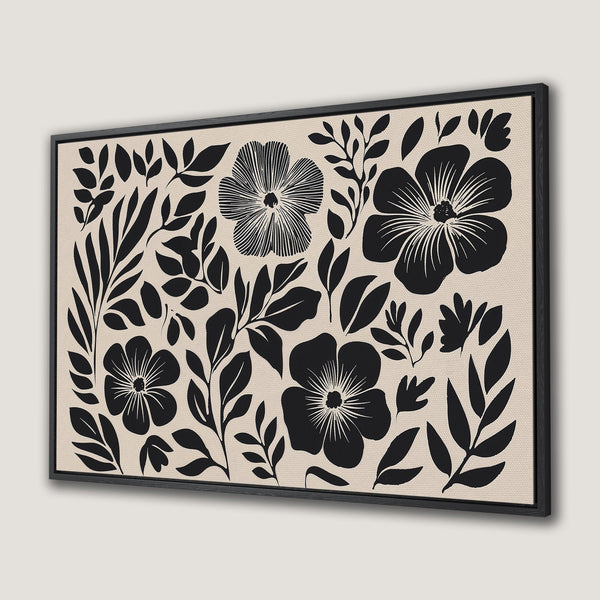 Framed Wall Art: Black and beige floral design canvas print. Modern botanical art with minimalist style, perfect for any room decor.