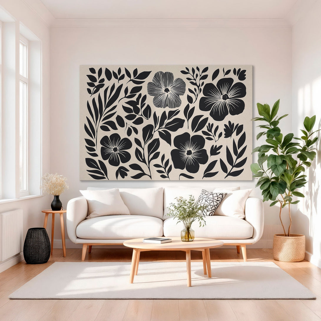 Framed Wall Art: Black floral print on beige canvas, modern style. Perfect for living room decor. Gold frame, neutral color palette.