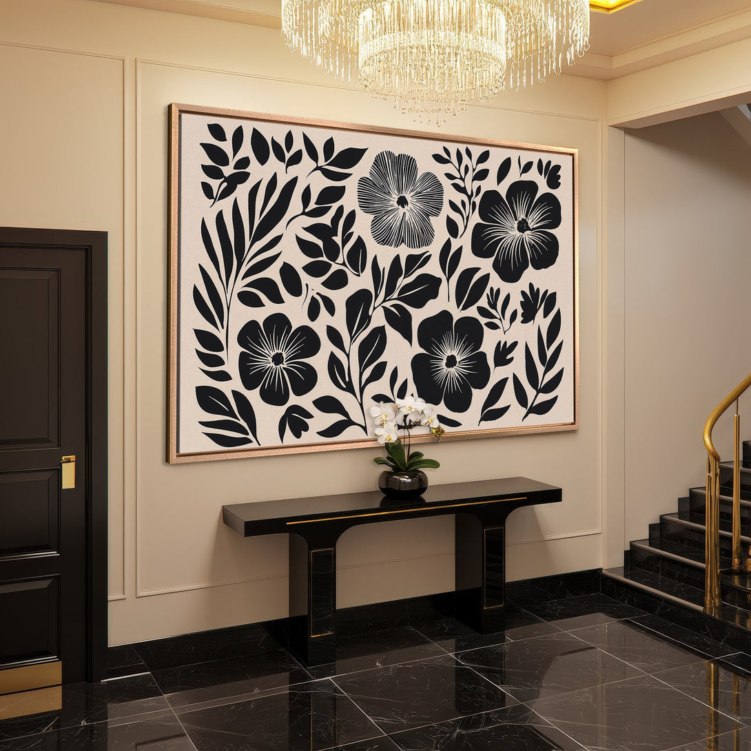 Framed Wall Art: Black and white floral print canvas in a modern entryway. Elegant decor with neutral color palette.