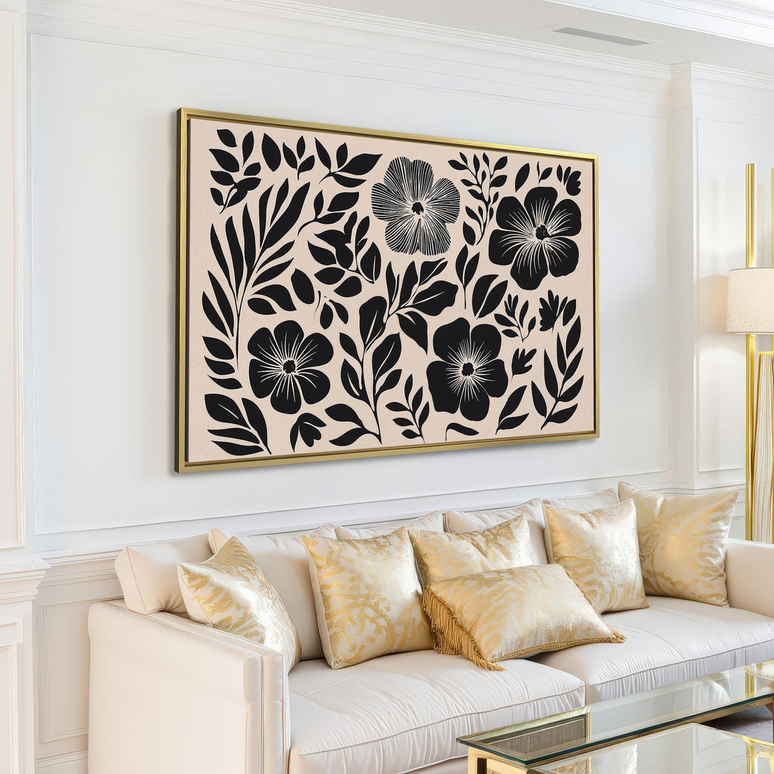 Canvas Print featuring a bold floral design in black and cream, perfect for modern living room decor.