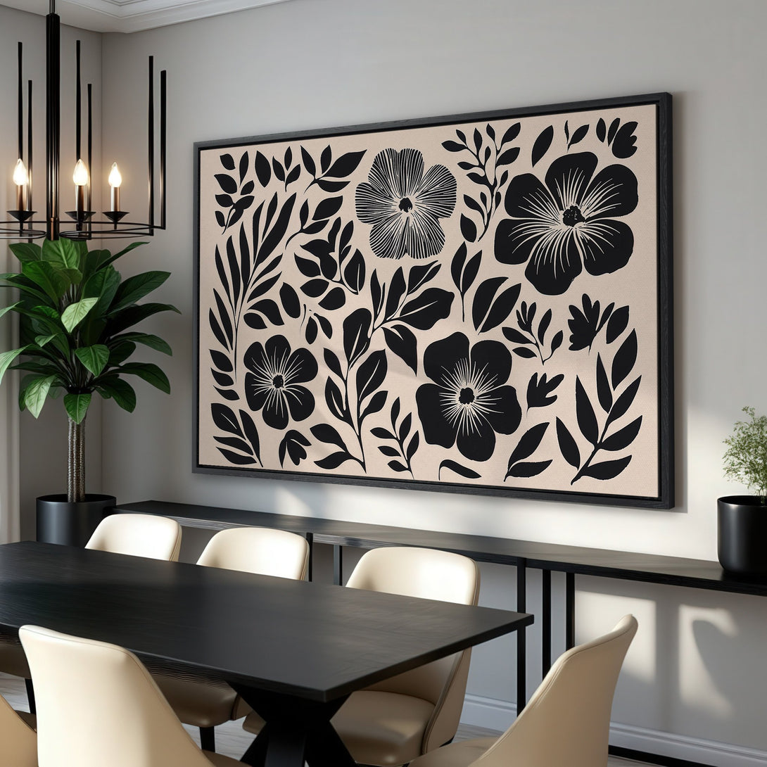 Framed Wall Art featuring a floral design in black and beige, perfect for modern interior decor. Elevate your space with this stylish Canvas Print.