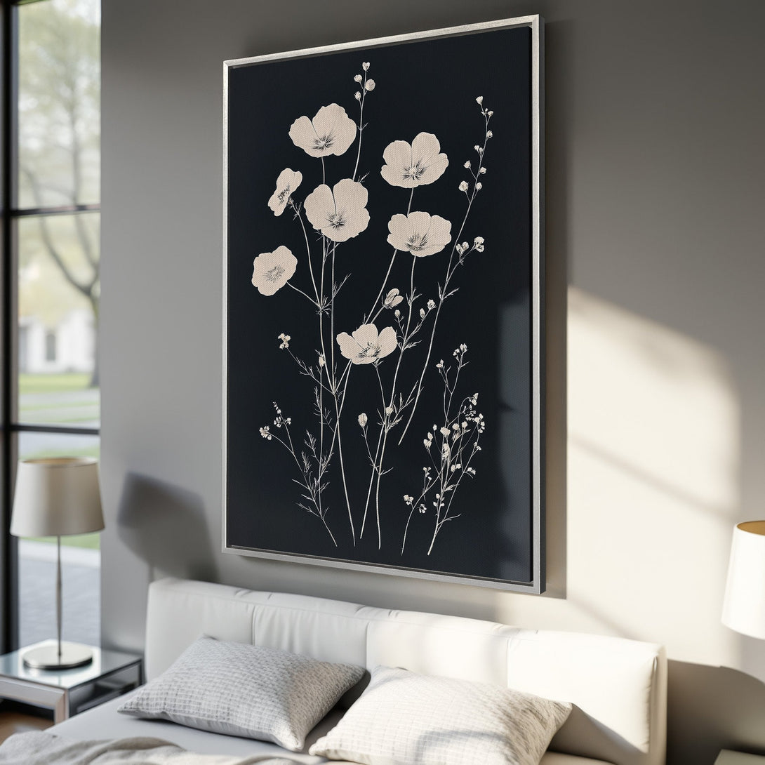 Framed Wall Art featuring elegant botanical illustration in cream on a dark background. Modern floral Canvas Print for bedroom decor.