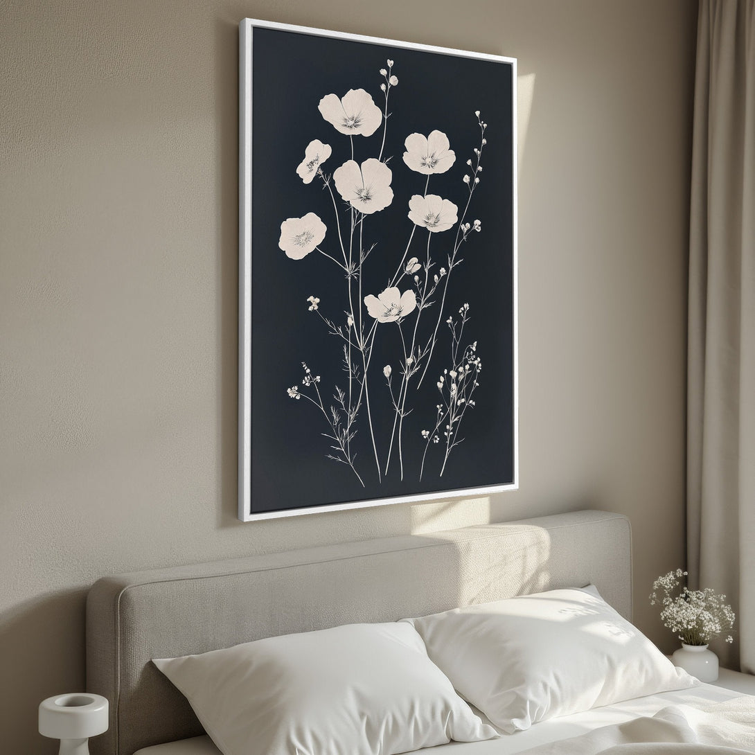Framed Wall Art featuring elegant floral illustration in neutral tones. Perfect for adding a touch of minimalist style to your bedroom decor.