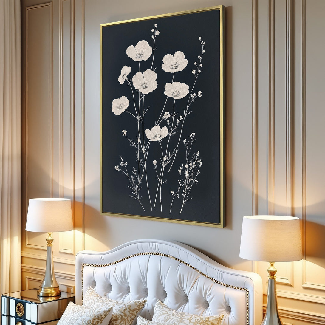 Canvas Print featuring elegant botanical art in a minimalist style. The artwork showcases white flowers on a dark gray background, creating a modern, calming aesthetic.