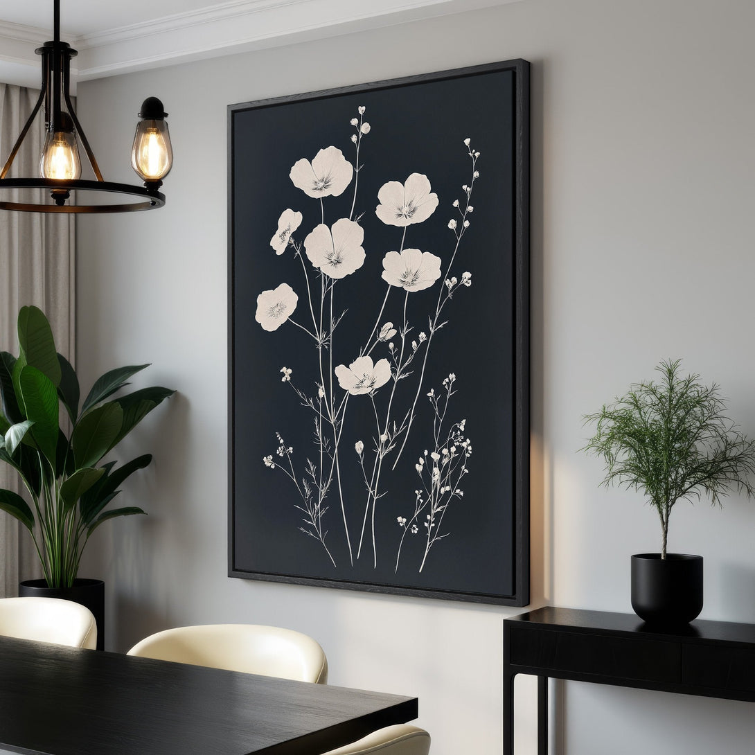 Framed Wall Art featuring elegant floral design in cream on a dark navy background. Modern, minimalist style canvas print perfect for any interior.