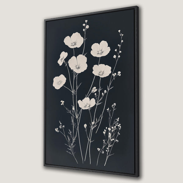 Framed Wall Art featuring elegant botanical illustration of white flowers on a dark background. Modern, minimalist style, perfect for adding a touch of nature.