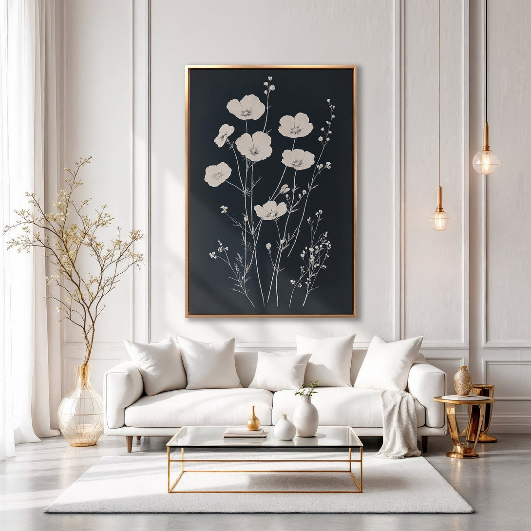 Framed Wall Art featuring elegant botanical illustration in neutral tones. Modern decor with a dark background and gold frame, perfect for any living space.