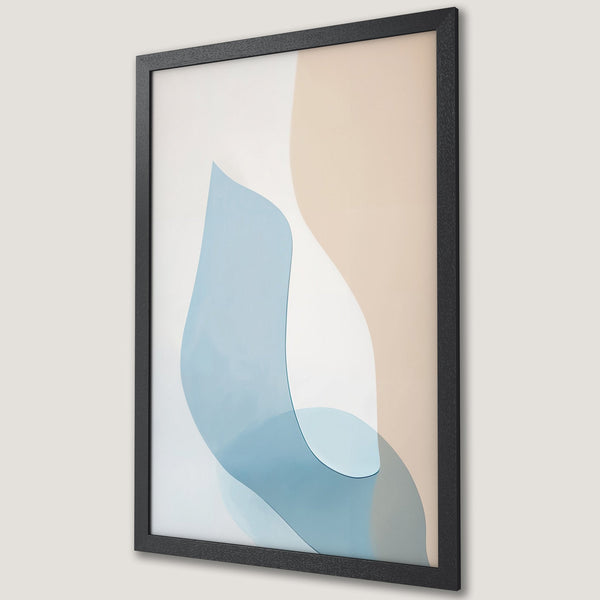 Framed Poster featuring abstract art with flowing blue and beige shapes. Modern style, neutral color palette for home decor.