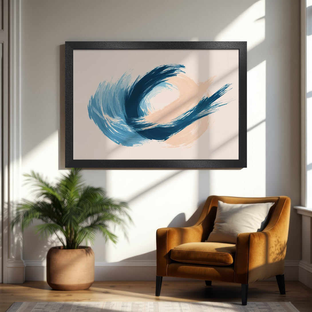 Framed Poster featuring abstract blue & peach brushstrokes. Modern art print for stylish home decor.