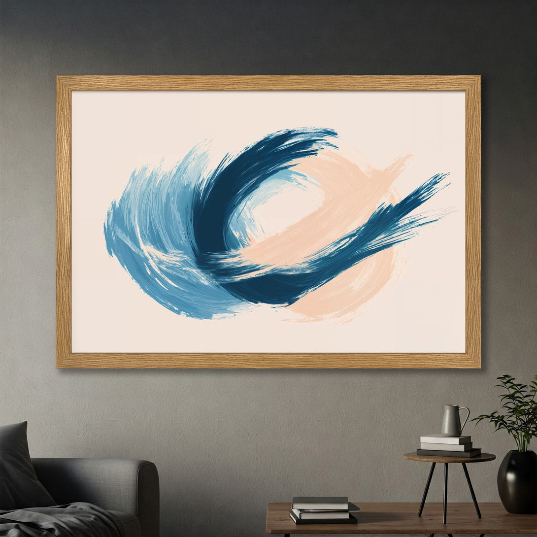 Framed Poster featuring abstract brushstrokes in blue and peach tones. Modern art print for home decor.