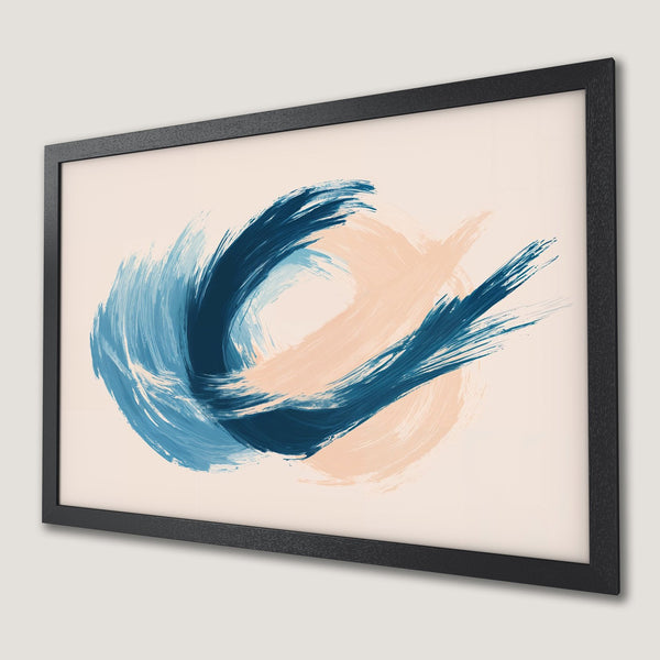 Framed Poster featuring abstract brushstrokes in blue and peach, perfect for modern home decor.
