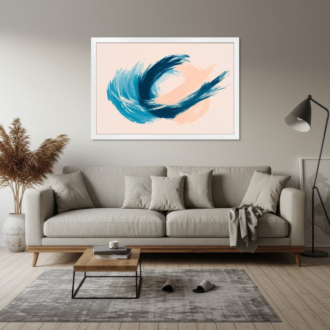 Framed Poster featuring abstract brushstrokes in blue and peach, modern art for home decor.