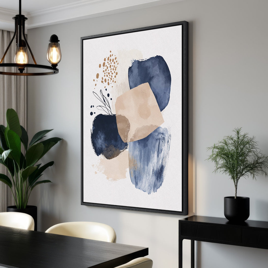 Framed Wall Art featuring abstract watercolor art in navy blue, beige, and gold. Modern home decor canvas print for a stylish interior.