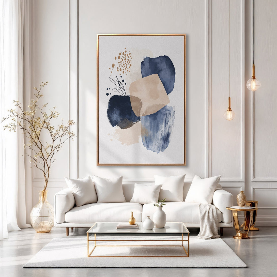 Framed Wall Art: Abstract blue, beige, and gold painting. Modern canvas print in a stylish interior, perfect for adding a touch of elegance.