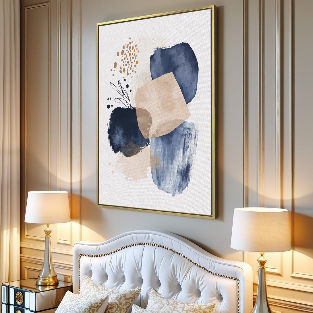 Abstract Canvas Print in a modern interior. Features blue, beige, and gold brushstrokes. Perfect wall art for a stylish living room.
