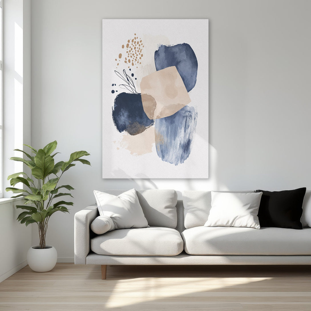 Framed Wall Art featuring abstract watercolor art in blue, beige, and gold. Modern canvas print perfect for bedroom decor.