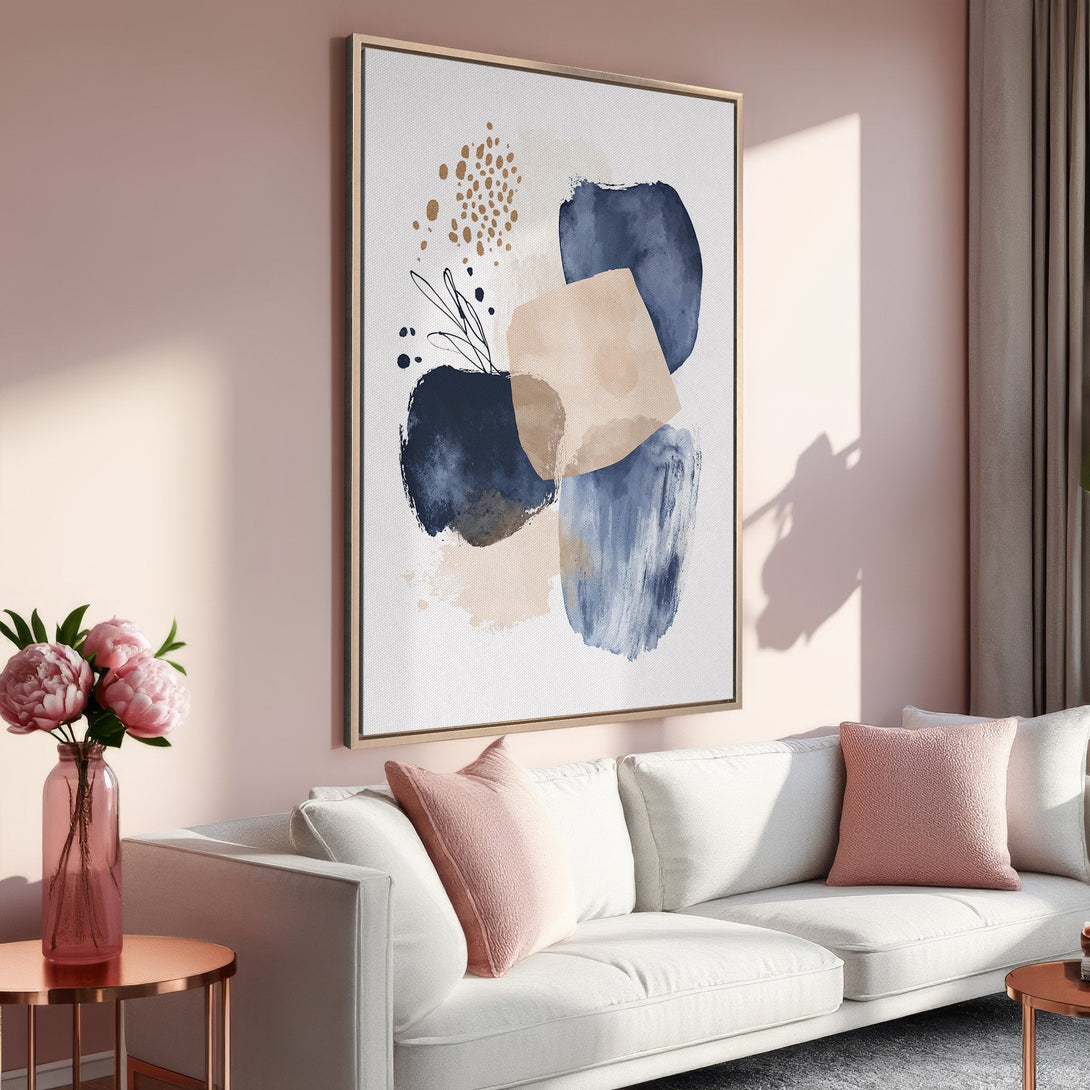 Framed Wall Art: Abstract watercolor art in navy, beige, and gold. Modern canvas print adds a touch of elegance to any living room.