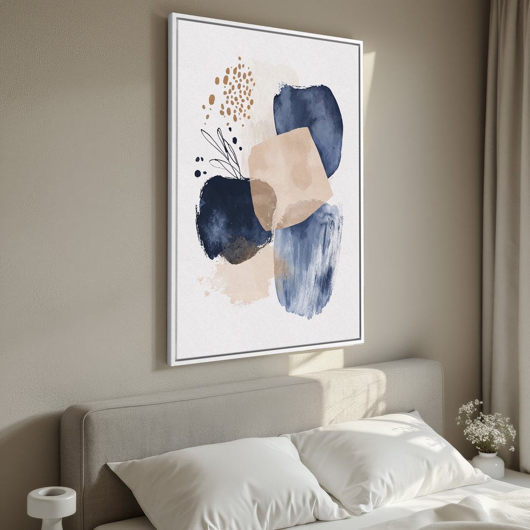 Framed Wall Art: Abstract art Canvas Print with navy, beige, and gold tones. Modern art for bedroom decor. Elevate your space with this stylish artwork.