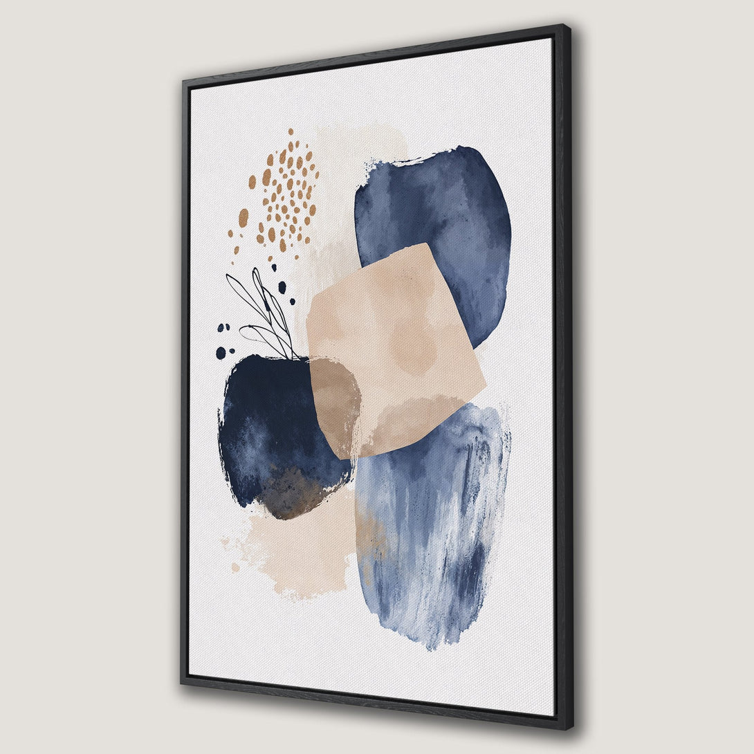 Framed Wall Art featuring abstract watercolor art in navy, beige, and gold. Modern Canvas Print perfect for adding a touch of elegance to any space.