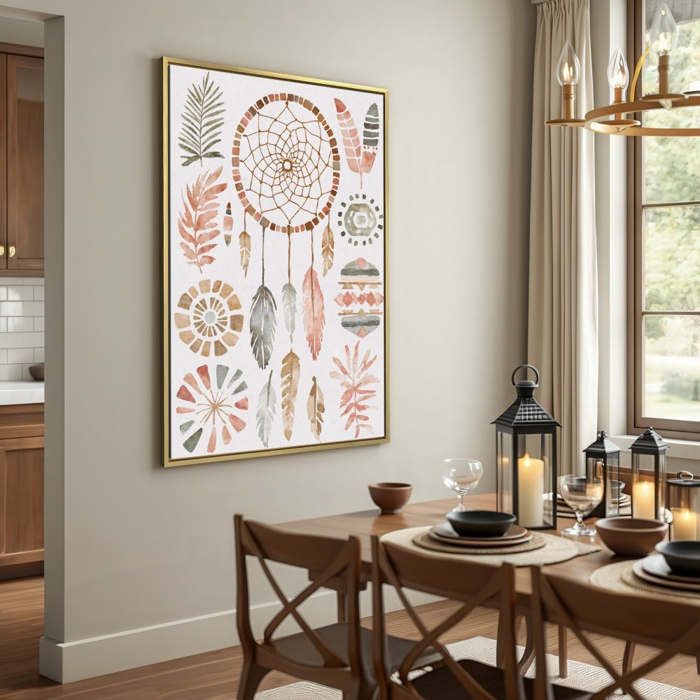Boho Canvas Print featuring a dreamcatcher and feathers in earthy tones. Perfect for adding a touch of bohemian style to your home!