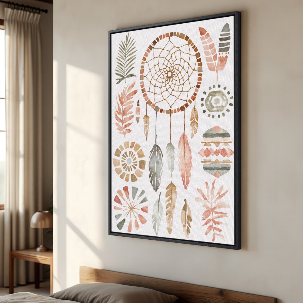 Framed Wall Art featuring a watercolor dreamcatcher design in earthy tones. Perfect boho decor for your space!