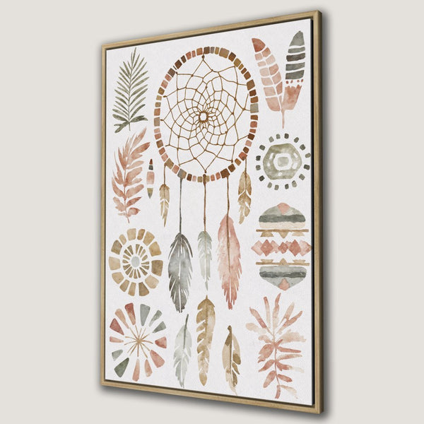Framed Wall Art featuring a watercolor dreamcatcher design in earthy tones. Bohemian style Canvas Print perfect for adding a touch of nature to your space.