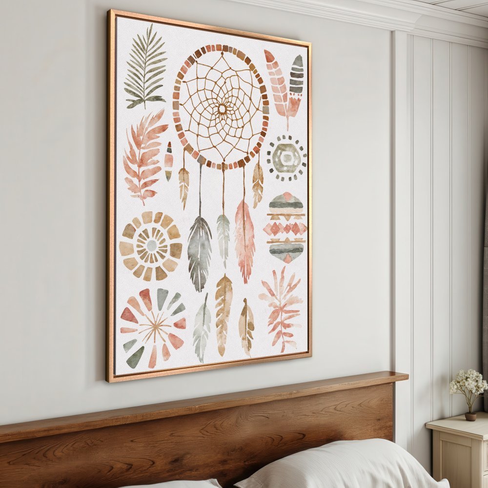 Framed Wall Art: Watercolor dreamcatcher print in warm earth tones. Boho style canvas art for bedroom decor.
