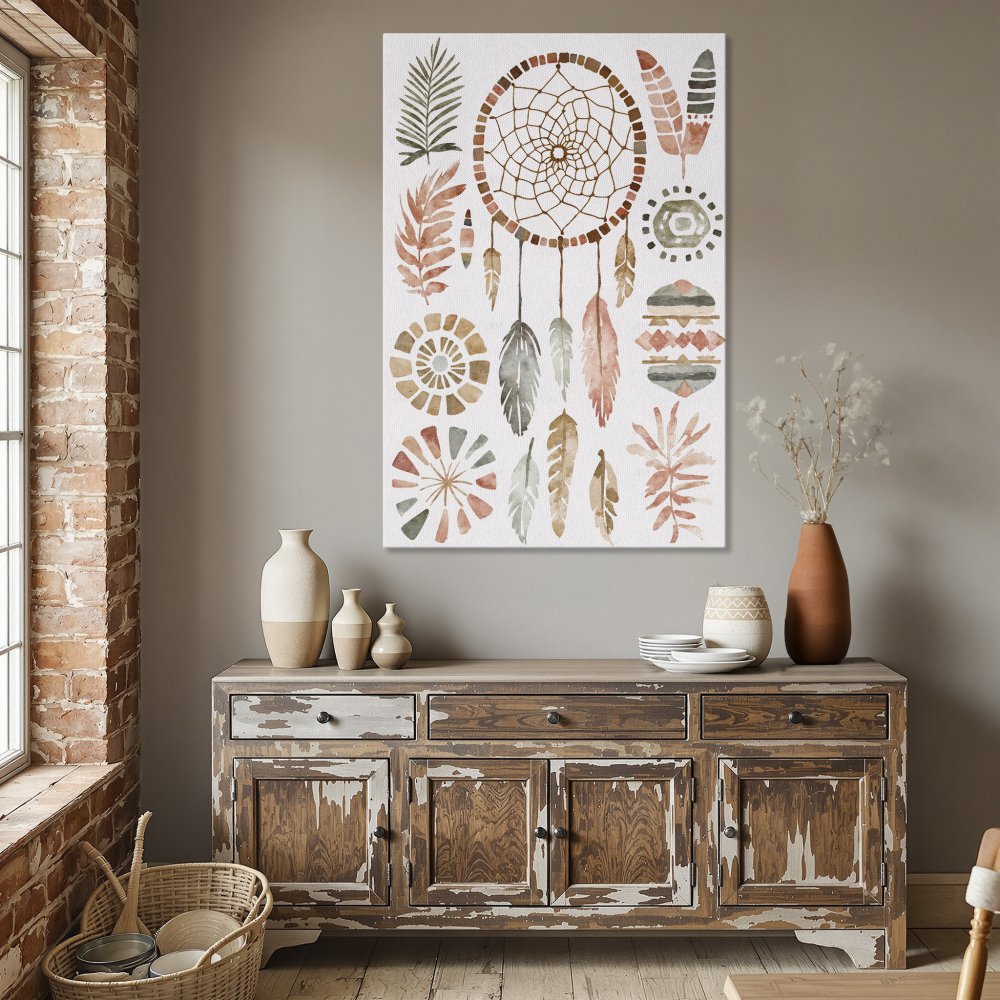 Framed Wall Art: Boho dreamcatcher canvas print in warm earth tones, perfect for adding a touch of bohemian style to your dining room decor.