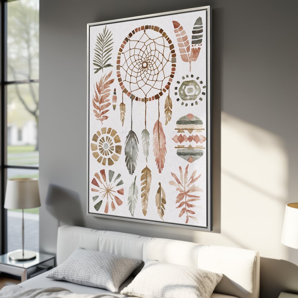 Framed Wall Art: Boho dreamcatcher canvas print in warm earthy tones. Add a touch of bohemian style to your bedroom decor!