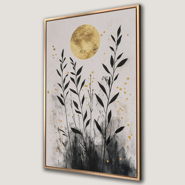 Framed Wall Art: Abstract botanical print with gold accents. Modern art featuring black leaves, a gold moon, and a neutral color palette. Elevate your home decor!