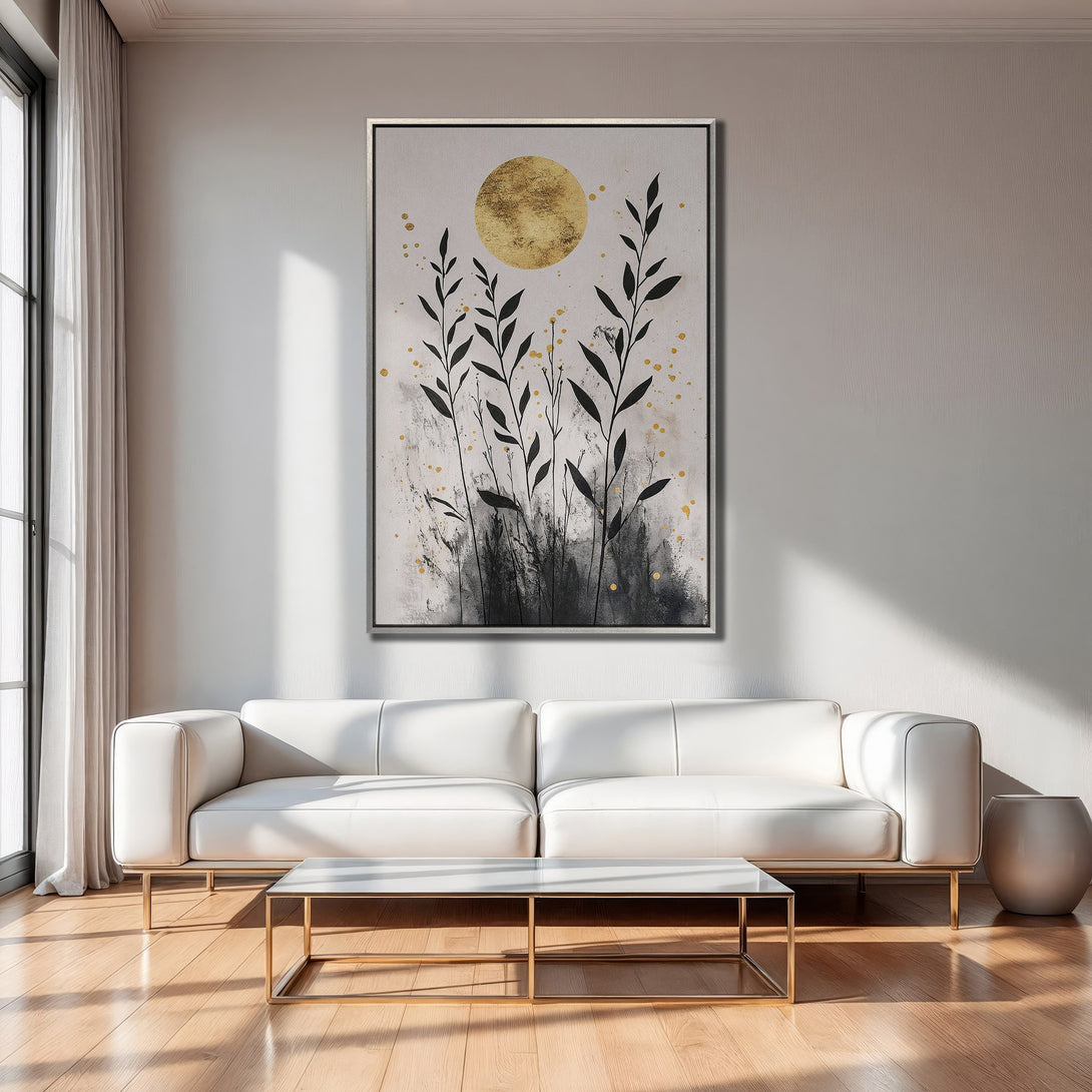 Framed Wall Art featuring abstract botanical art with gold accents, black leaves, and a neutral color palette. Modern decor inspiration.