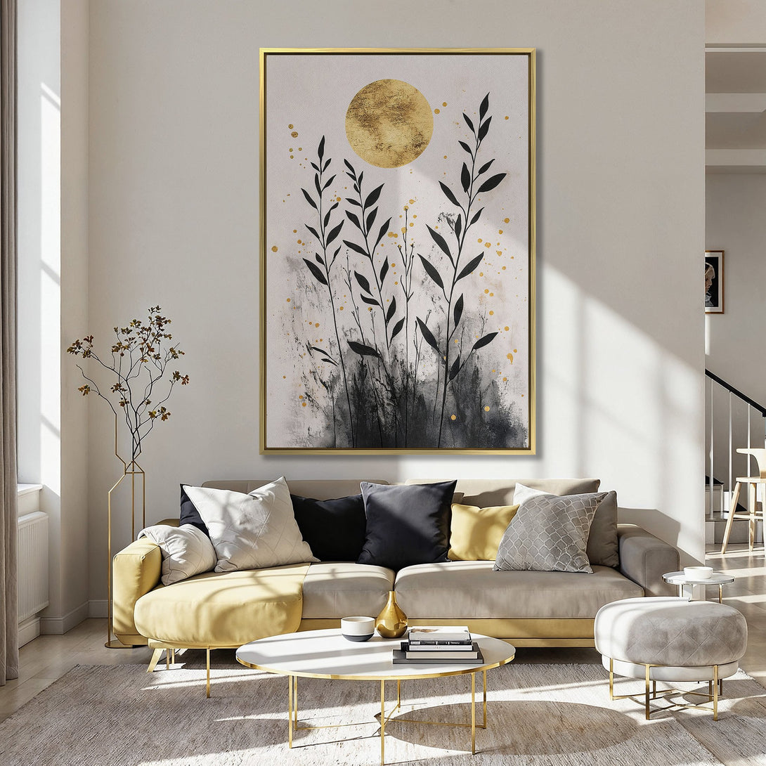 Abstract Canvas Print with gold accents, black foliage, and a neutral color palette. Perfect for modern home decor.