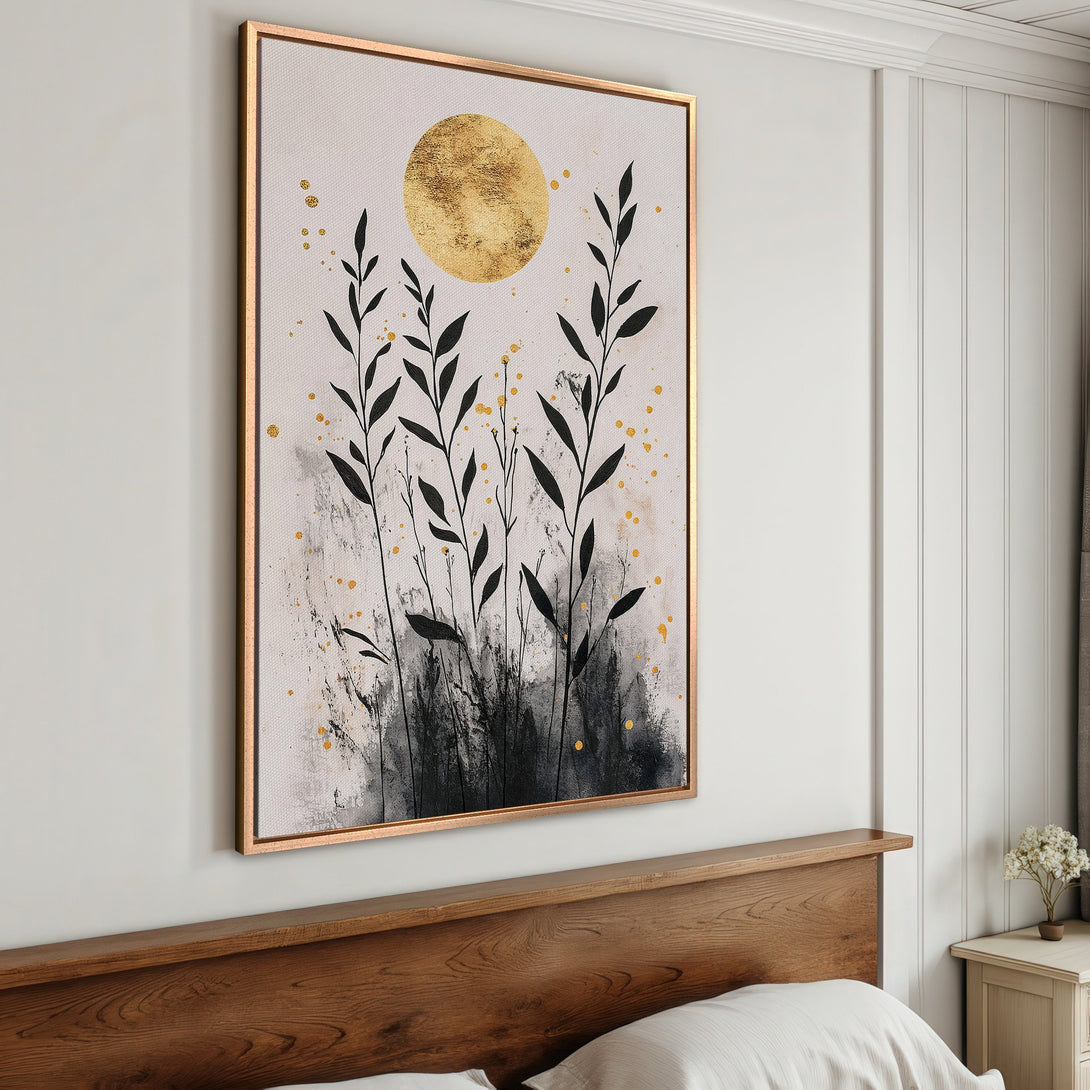 Framed Wall Art: Abstract botanical print with gold accents. Modern art in black, white, and gold color palette. Enhance your home decor with this canvas print.