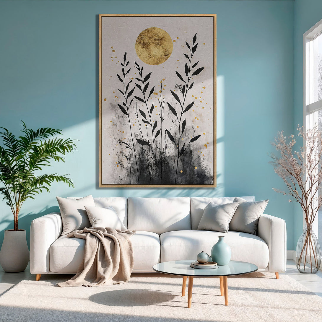 Framed Wall Art: Abstract botanical print with gold accents, displayed in a modern living room. Features a neutral and teal color palette for a calming aesthetic.