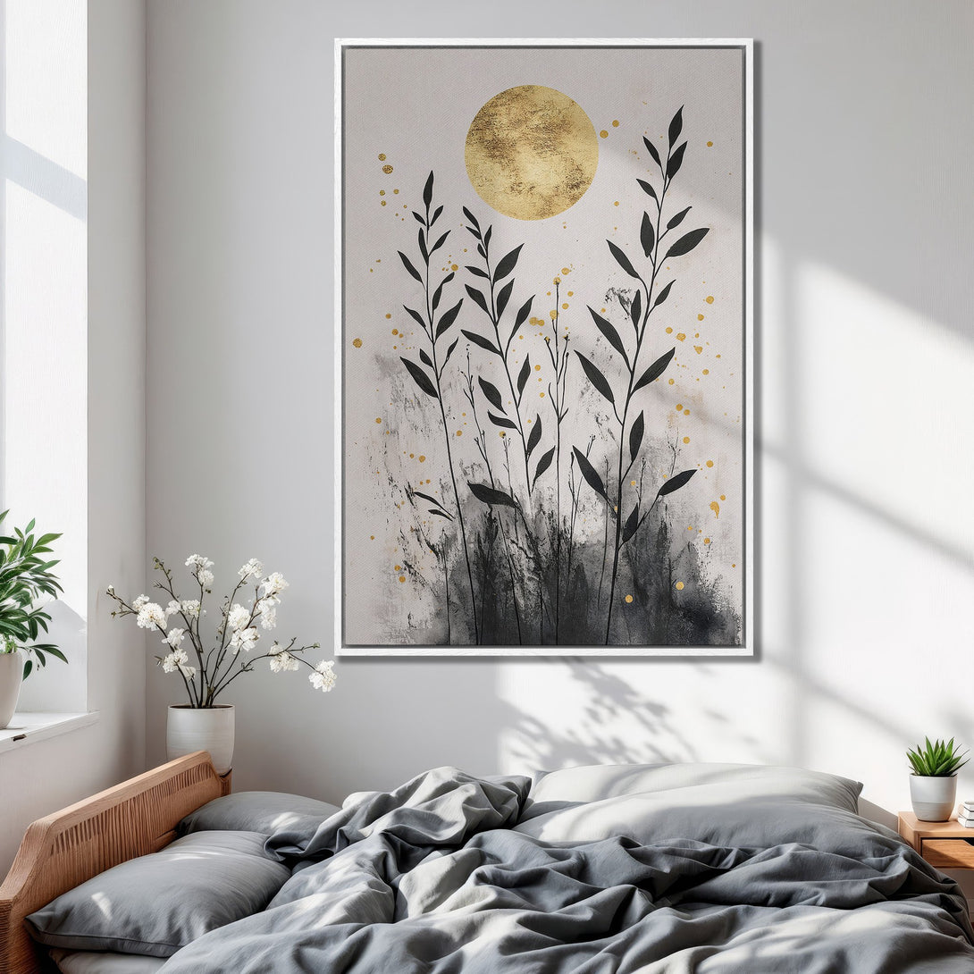 Framed Wall Art Canvas Print featuring a minimalist abstract design with black foliage, gold accents, and a beige background, perfect for bedroom decor.