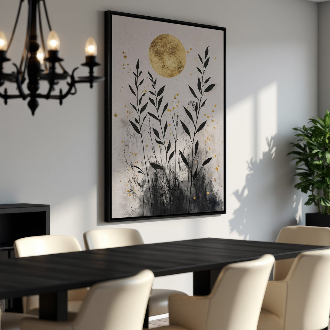 Framed Wall Art featuring abstract botanical design in black, gold, and neutral tones. Perfect for modern interior decor. Shop our Canvas Print collection today!