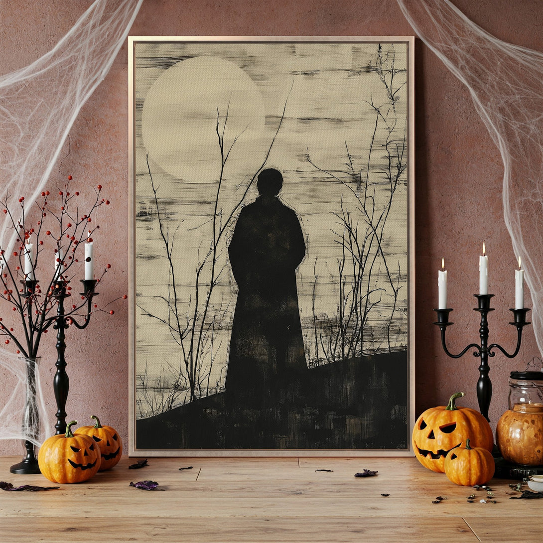 Framed Wall Art featuring a mysterious figure in a monochrome landscape. Perfect spooky decor for Halloween. Black and beige color palette, adding a touch of elegance.