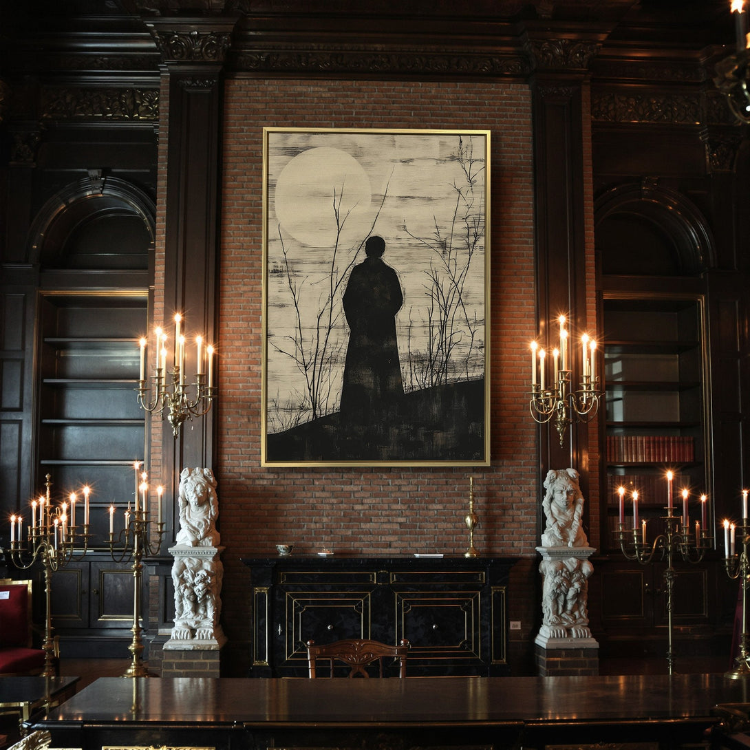 Canvas Print: Moody silhouette art in black & beige. Gothic-inspired wall decor for a spooky aesthetic. Perfect for Halloween or year-round style.