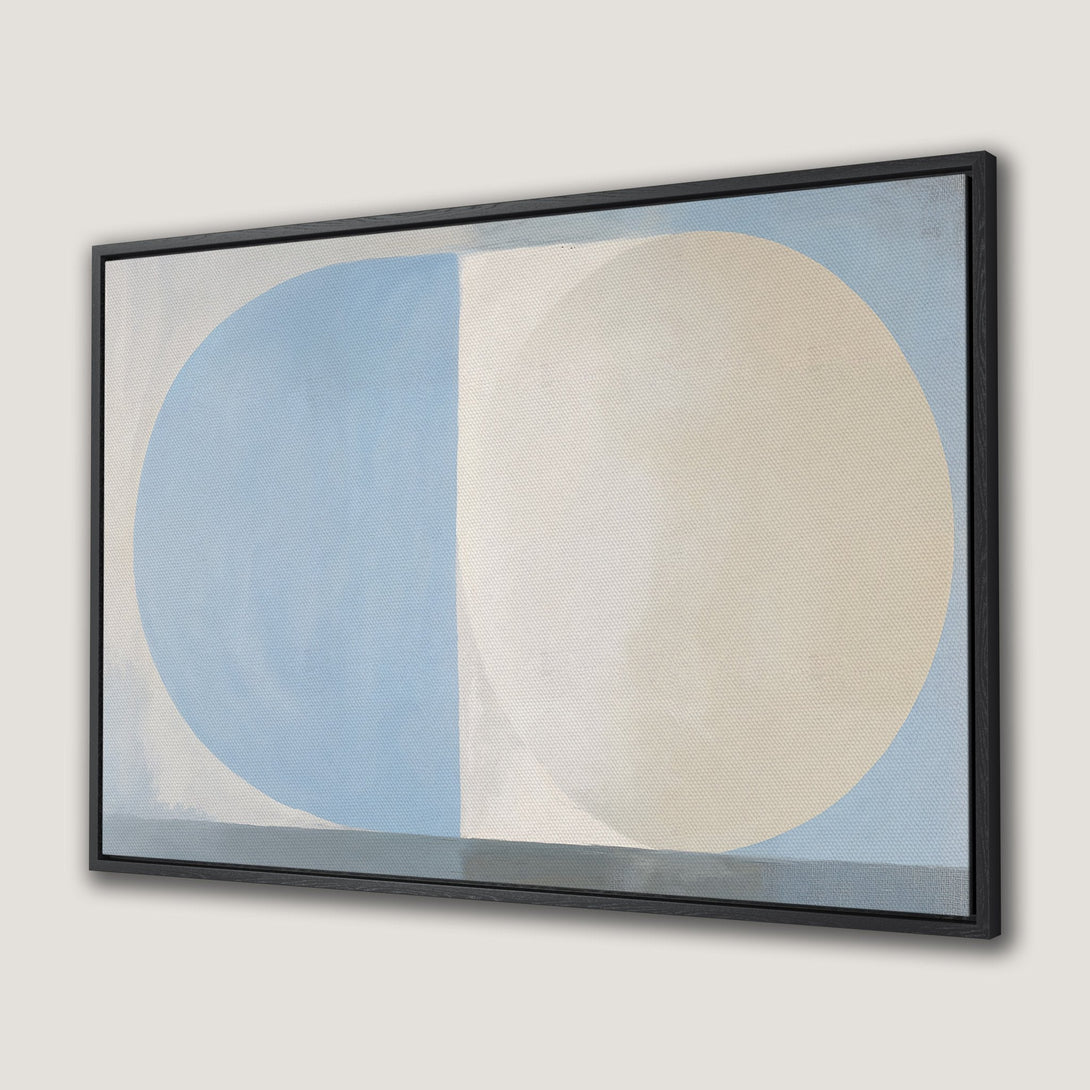Framed Wall Art: Abstract geometric canvas print with soft blue, beige, and white tones. Modern art for a calming interior.