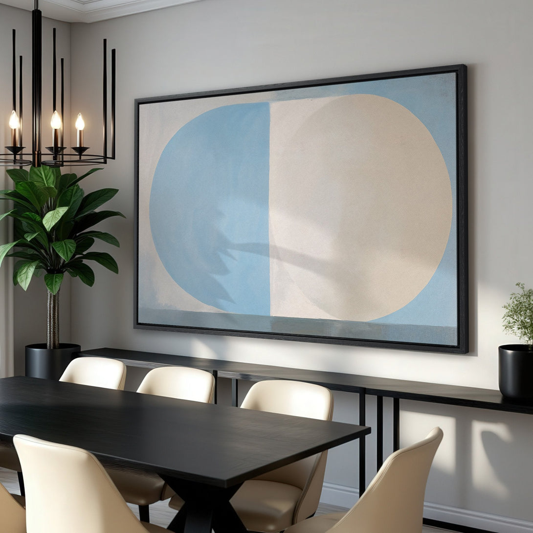 Framed Wall Art featuring a modern abstract design in calming blue and beige tones. Perfect for adding a touch of elegance to any interior.