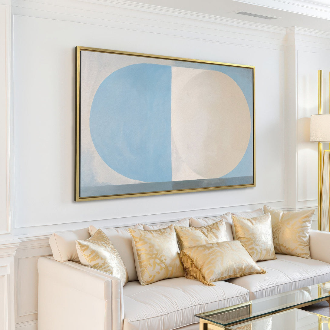 Abstract Canvas Print in a modern living room, featuring a blue and cream color palette. Perfect for minimalist decor!