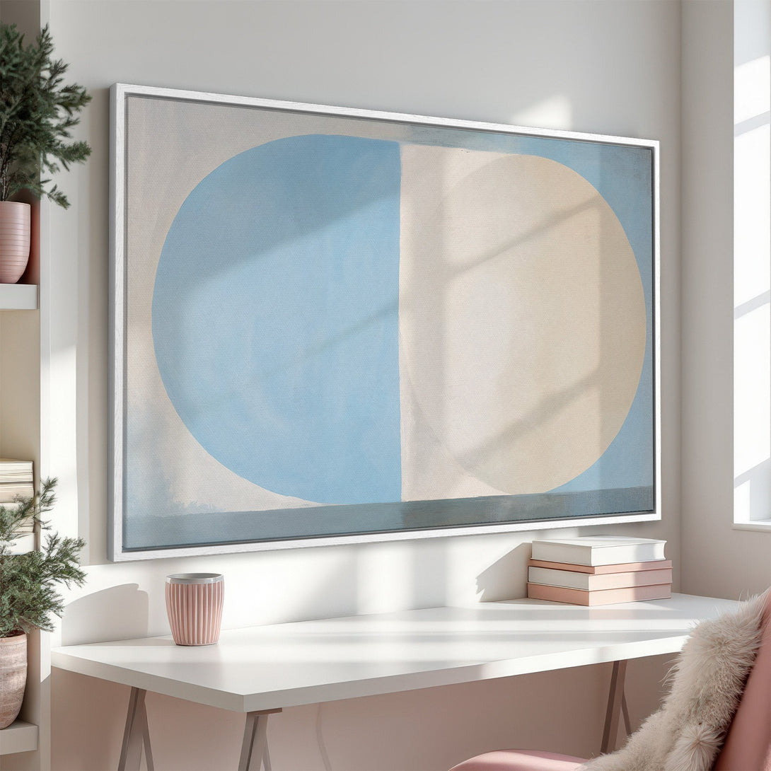 Framed Wall Art featuring abstract circles in blue and beige. Modern art print with a calming, neutral color palette, perfect for home decor.