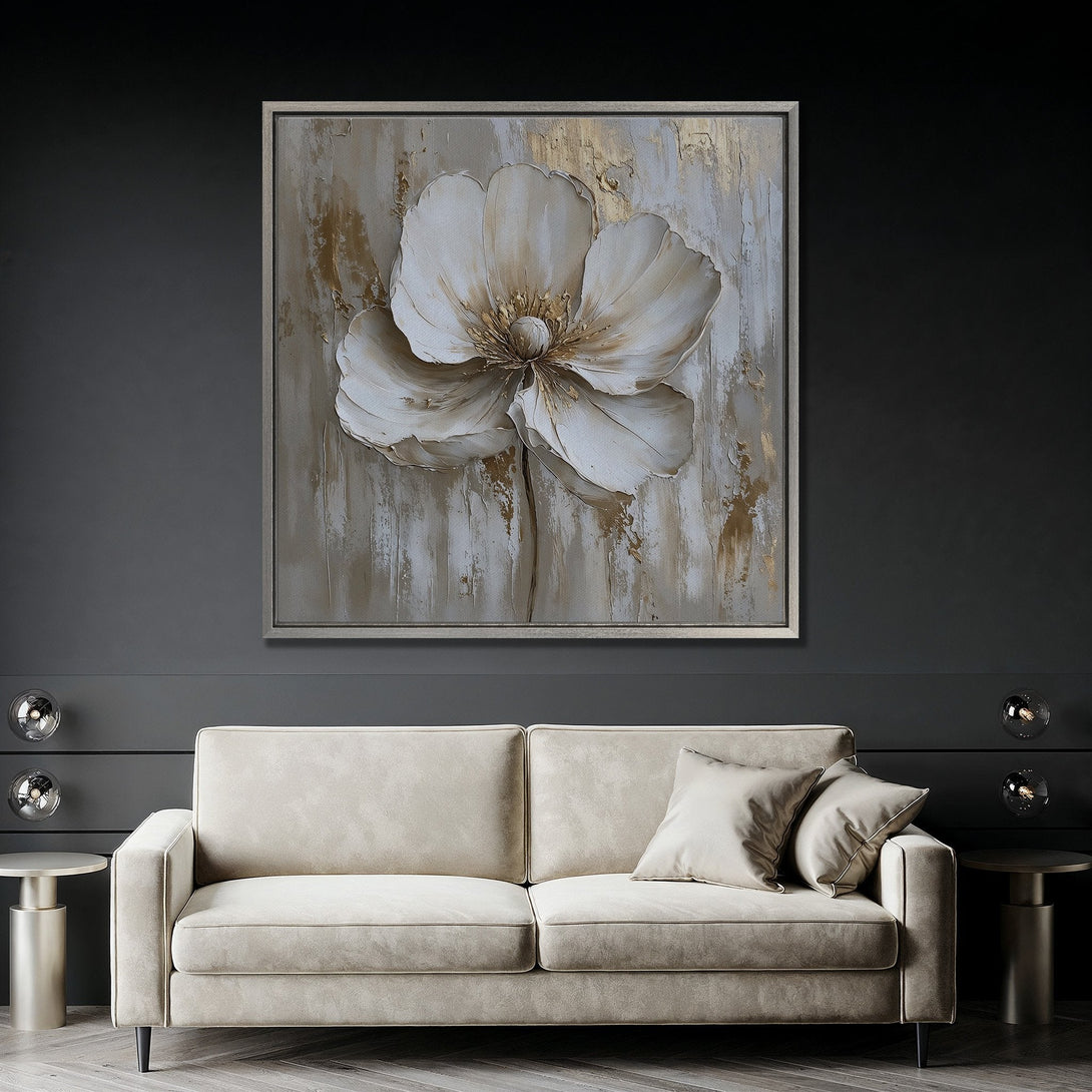 Framed Wall Art: Large white flower painting with gold accents. Modern abstract style, neutral color palette. Perfect for living room decor.