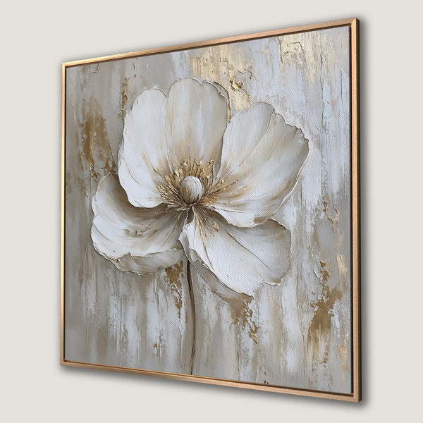 Framed Wall Art: Textured white flower painting with gold accents. Modern floral canvas print in neutral beige and gold tones. Elevate your space!