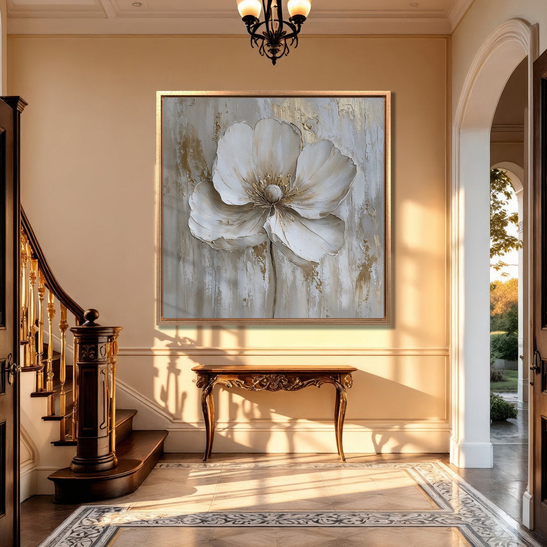 Framed Wall Art: Elegant floral painting in a neutral color palette, displayed in a luxurious interior. Perfect for adding sophistication to any space.