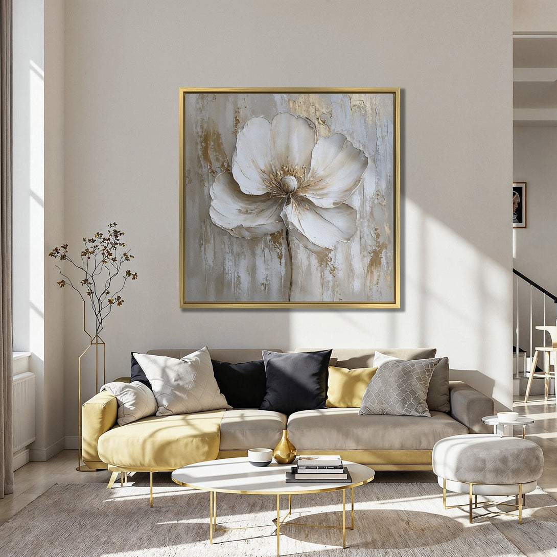 Canvas Print: Large white floral art with gold accents, displayed in a stylish interior. Features textured, abstract style in neutral tones.