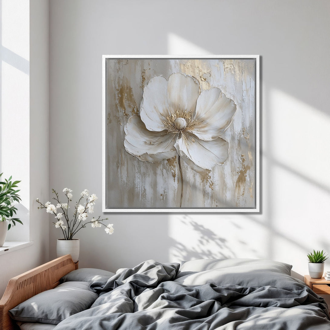 Framed Wall Art: Elegant white flower painting with gold accents. Neutral color palette complements any decor. Perfect for bedroom or living room.